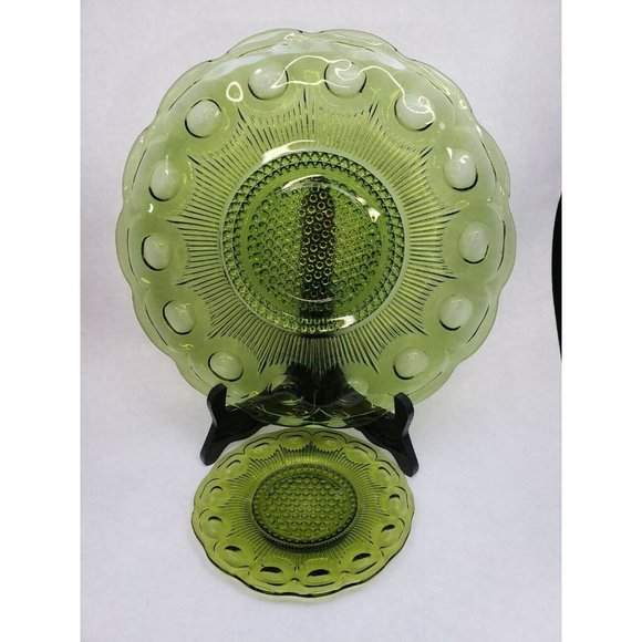 Green Indiana Glass Thumbprint Depression Glass Platter and Small Plate - Picture 1 of 8